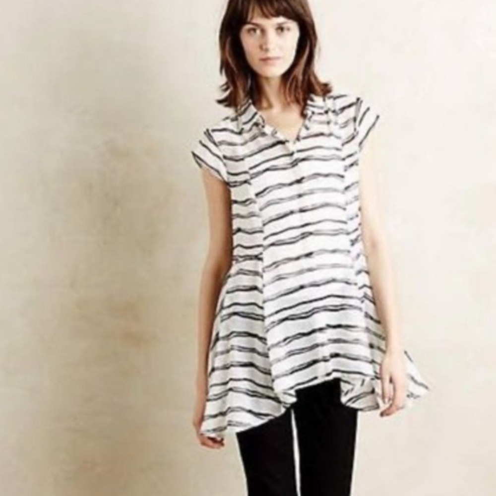 Anthropologie Meadow Rue Black White Walking Tour Tunic Top S Sheer Neutral Boho